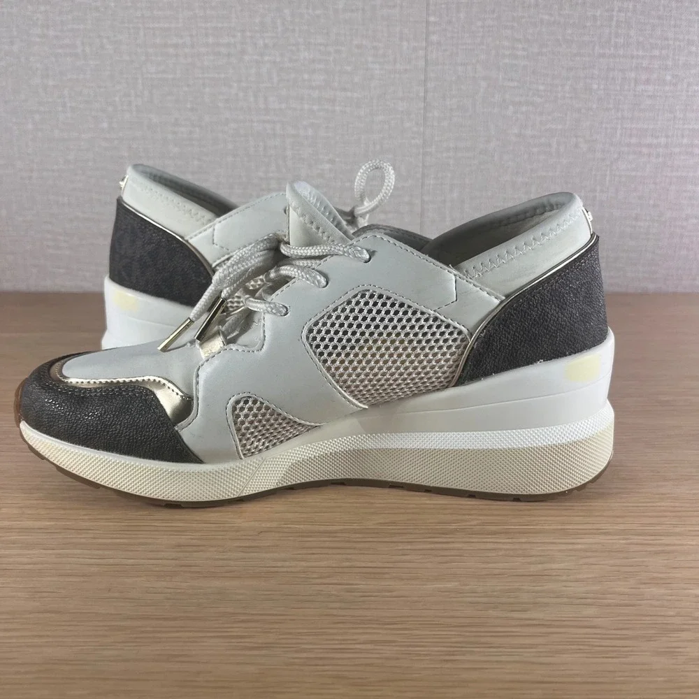 Michael Kors Georgie Trainer Wedge Sneakers Womens 9M White Gold Brown MK Logo